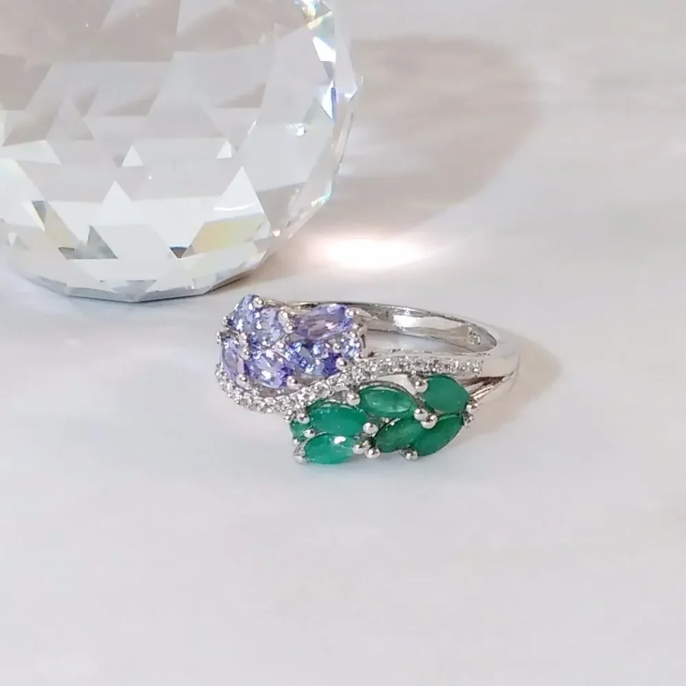 Emerald and Tanzanite and Topaz Bypass Ring Size 9